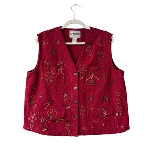 VINTAGE Chico's Tribal Embroidery Vest Size XL (3) Red Native Cave Man Folk Art